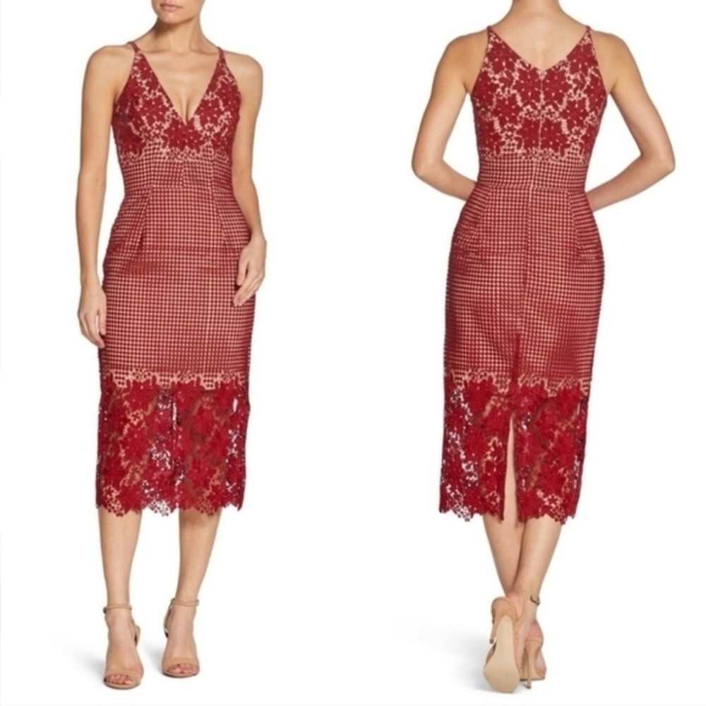 NWT Dress The Population Aurora Lace Gingham Midi Dress Sz L Red Lace Cocktail‎